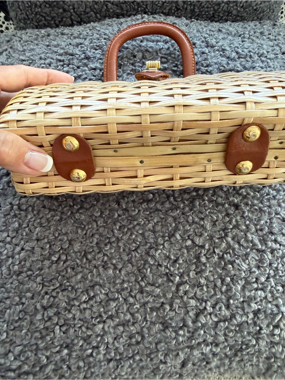 Vintage Woven Rattan Handbag with Brown Leather Trim - Picture 8 of 11